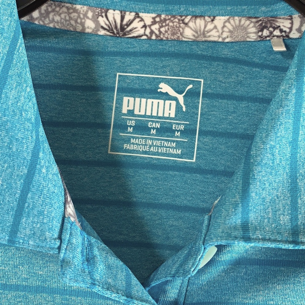 Puma Knit Top Blouse Blue/Green M Stripes Pullover Stretchy 5 Front Buttons